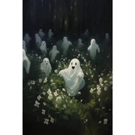 งานศิลปะผนังผ้าใบผีฮาโลวีนที่น่าหลงใหล - ผีสุดน่ารักในฉากป่า | ตกแต่งเทศกาลสำหรับห้องนั่งเล่น | โปสเ