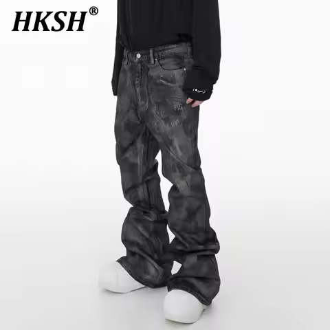 HKSH Men's Tide Dark High Street Wide Leg Legged Denim Pants Waxed Brush Glue Micro Flare Jeans Fash