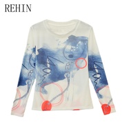 Rehin mùa thu của phụ nữ cổ tròn Lưới Tay áo dài T-shirt ôm vừa vị trí thời trang áo in mặc giản dị 