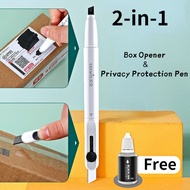 2-in-1 Box Opener Privacy Protection Pen Express Box Knife Smear Letter Opener Craft Wrapping Refillable Blade Stationery