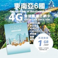 Cool Data Sim - 東南亞 6 國 4G Sim card 上網卡 - 每日高速數據 【1GB】 後降速至 128kbps【1天】