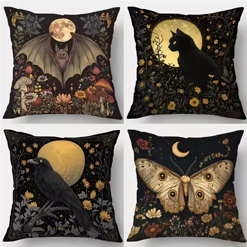 4-Piece 2D Printed Pillowcase Set – Vintage Style with Bats, Black Cats, Crows, Moths & Full Moon