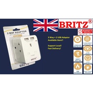 (SG Seller) Britz 3 Way Adaptor with 2 USB(2.1A) Ports Multi Purpose Socket|Overload Protection & Sa