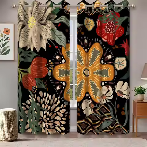 Botanical Print Blackout Curtains for Bedroom, Thermal Insulated, 2 Panels, 53x96 Inches