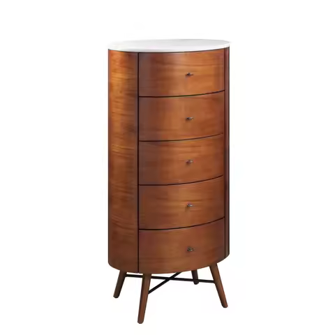 Walnut veneer cylindrical wardrobe 1 piece, five drawers, marble top ball bearing sliding bedroom fu