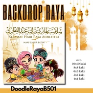 Backdrop RAYA Doodle Kampung Ceria/ Hiasan Open House Rumah Terbuka Raya di Pejabat, Sekolah, Rumah