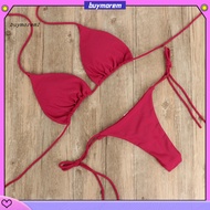 BUYMEZ  2 Pcs/Set Bikini Set Solid Color Halter Neck Strap Thong Women Swimsuit Set for Beach