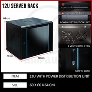AmpAudio 12U Wall Mount Server Rack Cabinet Glass Door with PDU & Free Tray