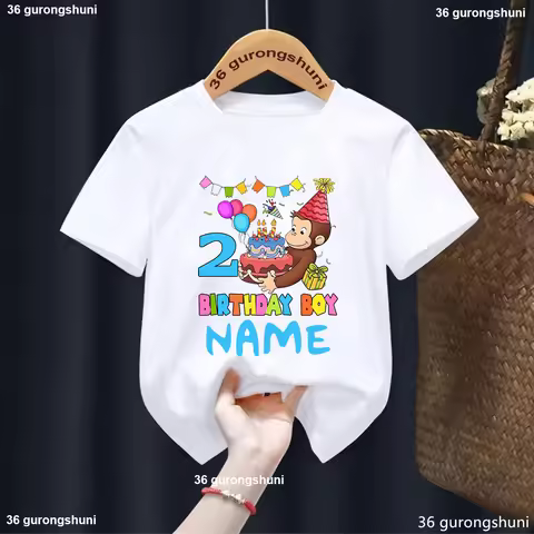Personalized Name Boys T-Shirt Curious George Monkey Birthday Numbers 1-9 Years Old Tshirt Kids Cute