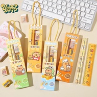 (Unique) 2Set Cute Cartoon Capybara Pencil Stationery Set Kawaii 5Pcs/Set Eraser Pencil Sharpener Ch