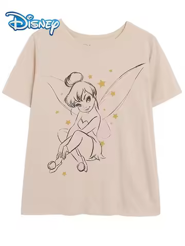 Disney FAIRIES Peter Pan Tinkerbell Cartoon Print T-Shirt Casual O-Neck Pullover Women Short Sleeve 
