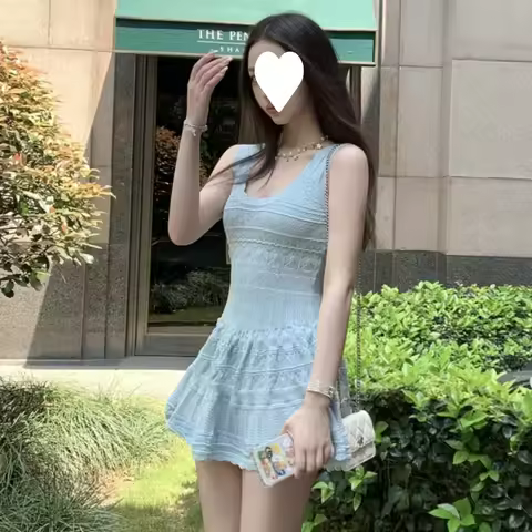 White Knitted Vest Dress Women Summer Embroidery Waist Cinch Sleeveless Bigking High Collar Mini Dre