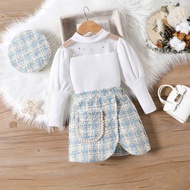 KALUNA GIRL SET Baju Anak Perempuan 3 in 1 Atasan Lengan Panjang Rok Tweed Pendek Topi Tweed Fashion