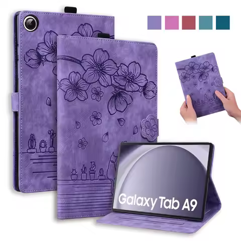 Coque For Samsung Galaxy Tab A9 Case 8.7" Emboss 3D Flower Cat Wallet Cover For Funda Galaxy Tab A9 