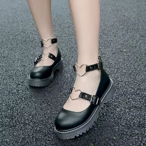 LoveLive Women Shoes College Girl LOLITA Shoes JK Shoes PU Leather Heart-shaped Ankle-strap Mary Jan
