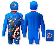 AVENGERS ชุดว่ายน้ำเด็กผู้ชายบอดี้สูท ลาย Captain America แถมหมวก และถุงว่ายน้ำ Marvel รุ่นเด็กโต 3-
