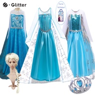 Disney Frozen Elsa Baby Dress For Kids Girl Mesh Sequined Princess Dresses with Cloak Wig Crown Nail Stickers Kid Clothes Children Birthday Gift Party Clothing