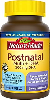Nature Made Postnatal Multivitamin + DHA 200 mg, 60 Softgels, to Support Nursing Moms & Babies Durin