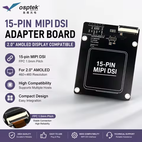 2.0" 460x460 AMOLED Display Module 15-Pin MIPI DSI Interface 1.0mm Pitch FPC Adapter Board for Raspb