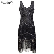 Women Party Dress Robe Femme 1920s Great Gatsby Flapper Sequin Fringe Midi Dress Vestido Summer Art