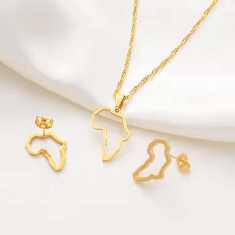 Anniyo SMALL African Outline Map Necklaces Stud Earrings Sets Gold Color Stainless Steel Africa Map 