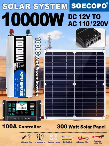 10000W Complete Solar Power Kit | 300W Panel + 100A Controller + 10000W Inverter 12V to 110V/220V Em
