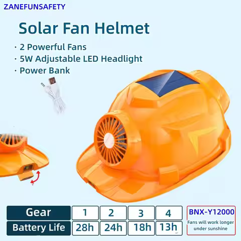 Solar Fan Helmet with 2 Powerful Fans 5W Adjustable LED Headlight Rechargeable Lithium Battery Power