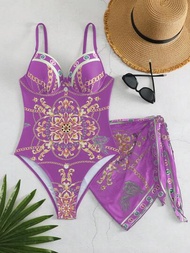 Traje de baño con estampado floral y tirantes spaghetti estilo europeo, falda cubre bikini para vacaciones en la playa de mujeres