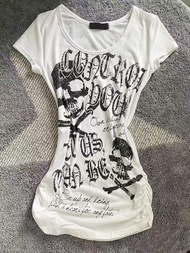 Slim Fit Graffiti T-Shirt American Retro Hot Bé Gái Y2K Mid-Length Waist-Cinching Base Shirt Summer 