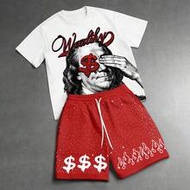 2ชิ้น/เซ็ต เสื้อยืดแขนสั้นพิมพ์ลาย Franklin Dollar สีดำและขาวตัดกันสำหรับผู้ชาย + กางเกงขาสั้น, ชุดล