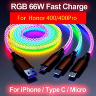 1.2M 6A  3 IN 1 66W Type c Fast Charging Cable RGB USB Type C Micro Data Cords for Honor 400 400Pro 