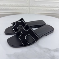 98新Hermes愛馬仕水晶黑色麂皮平底H拖鞋37碼無附件