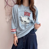LW2V GANN1 Spring Summer Niche Cat Print Round Neck Pure Cotton Loose T-Shirt for Women