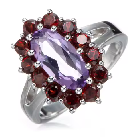 BOSEOK 6x12mm Amethyst and Garnet Rhodium Over Sterling Silver Ring