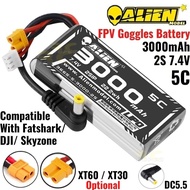 Alienmodel 2S 7.4V 3000mAh 5C Lipo Battery DC5.5& XT30/XT60 Plug(Optional) For Goggles FatShark/DJI 
