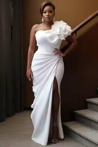 Plus Size Wedding White Elegant One Shoulder Strappy 3D Maxi Dresses