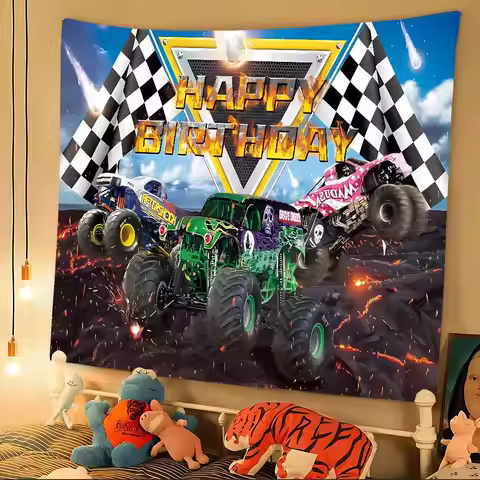 Monster Jam Cartoon Happy Birthday Backdrop Background Vinyl Women Birthday Party Cake Table Decorat