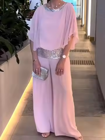 Women Sequined Patchwork Loose Batwing Blouse Pant Sets 2 pcs Sale Pink Loose Blouse&Wide Leg Loose 