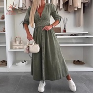 fulaide- Women Long Denim Dress Women Denim Dress Women’s Denim Maxi Dress V-neck Short Sleeve Butto