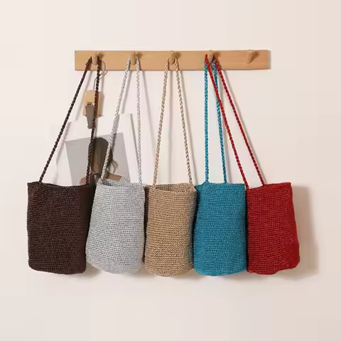 Casual Large Capacity Handwoven Bucket Bag Solid Color Boho Metal Line Bucket Bag Straw Design Handm