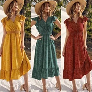 A2813 Melody Fashion Polka Dots Shirred Waist Ruffle Surplice Dress
