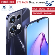【ready stock】 rino8pro 12GB RAM + 512GB ROM 7.5inch FHD 4G/5G mobile phonecreen Android 12.0 Blueto
