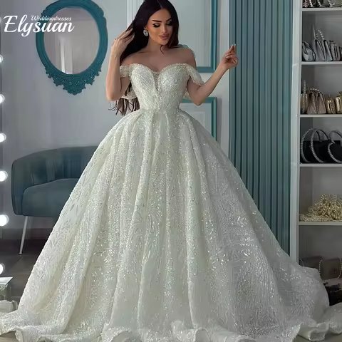 Customized Appliques Lace White Bridal Dress Off Shoulder Luxury Dubai WeddingDresses Ball Gown Sequ