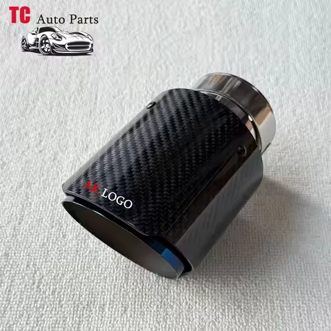 1Pcs Car Twill Glossy Carbon Fiber Single Exhaust Tip Universal Blue Stainless Inner Pipe Muffler Ta