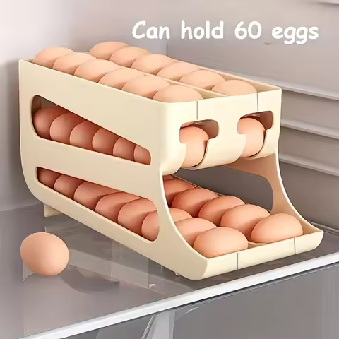 3-Tier Yellow Egg Organizer, Holds 60 Eggs,Auto-Roll Design.Space-Saving Fridge Storage,Sturdy & Eas