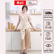Đồ bộ mặc nhà WANNABE BDS54 đồ bộ quần dài áo bản vai 2 cm đính nơ xinh xắn, cổ áo hình chữ M phối r