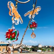 旅日沖繩獅-貓咪-花-插畫壓克力造型吊飾-s925純銀耳環
