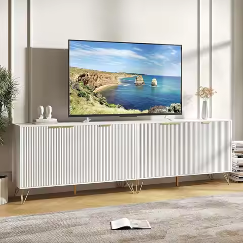 90 Inch TV Stand with 6 Drawers for Media Storage - White Entertainment Center for Living Room or Be