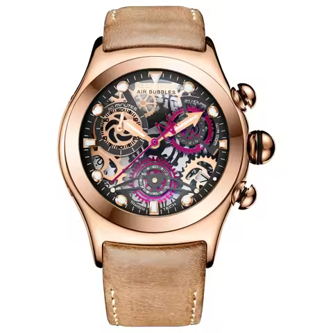 Men's Reef Tiger RT Skeleton Sport Watch Rose Gold Luminous Quartz Movement Genuine Leather Strap RG