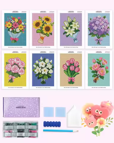 Minigem 8PCS Blooming Bouquet Diamond Painting Kit - 5"x7" Resin Square + Metallics Diamonds Canvas 